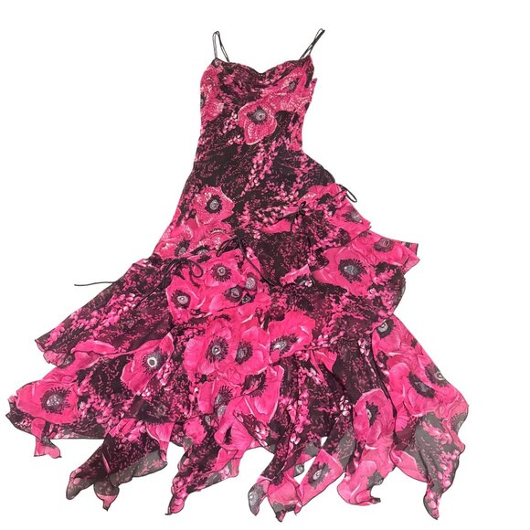 Lexus Women's Pink Black Silk Double Straps Floral Beaded Long Dress Size UK 10 - Picture 1 of 12